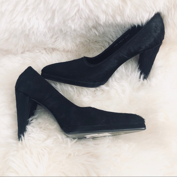 Vintage Armani Calf Hair Chunky Heel Pointed Toe Black Pump...